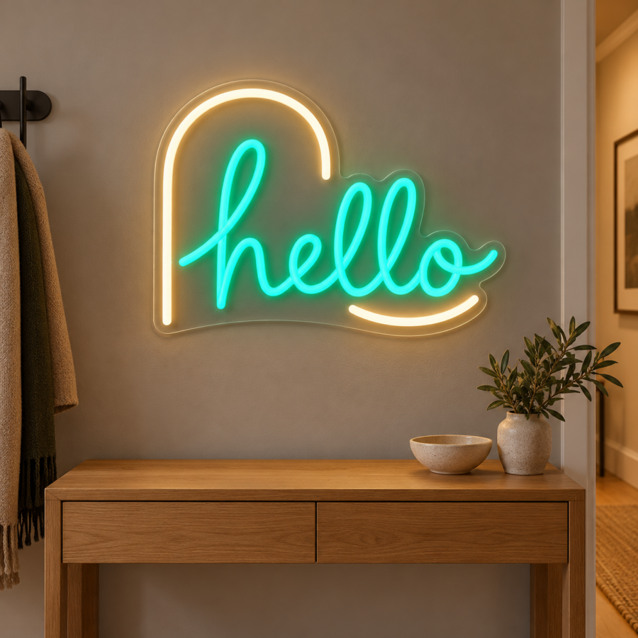 Simulación de Hello en neón LED en un recibidor