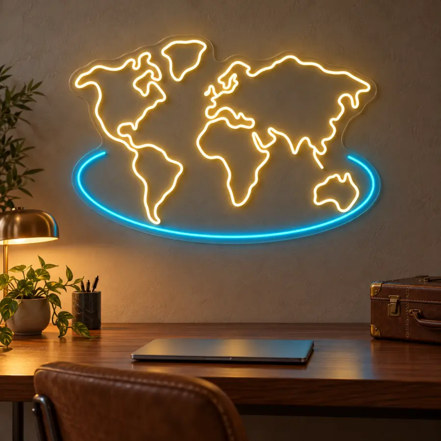 Simulación de World Map en neón LED en un despacho