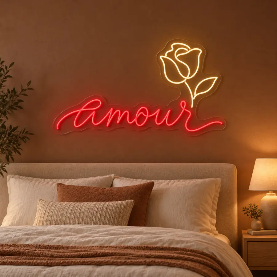 Simulación de Amour en neón LED en un dormitorio