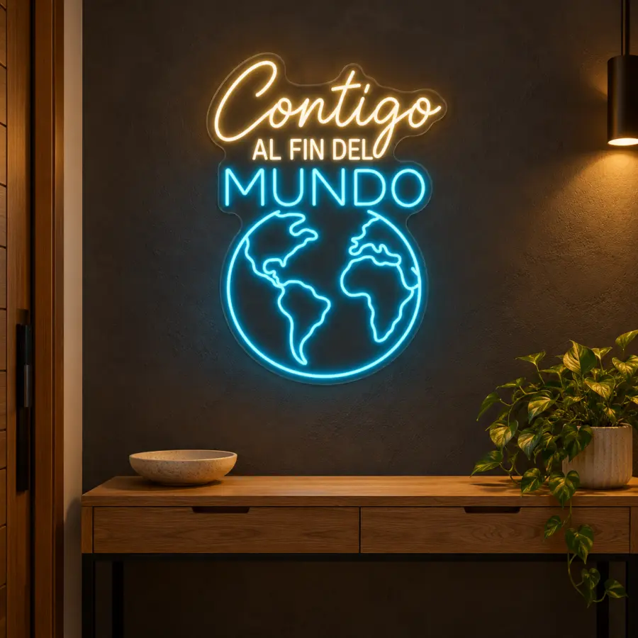 Simulación de Contigo al fin del mundo en neón LED en un recibidor