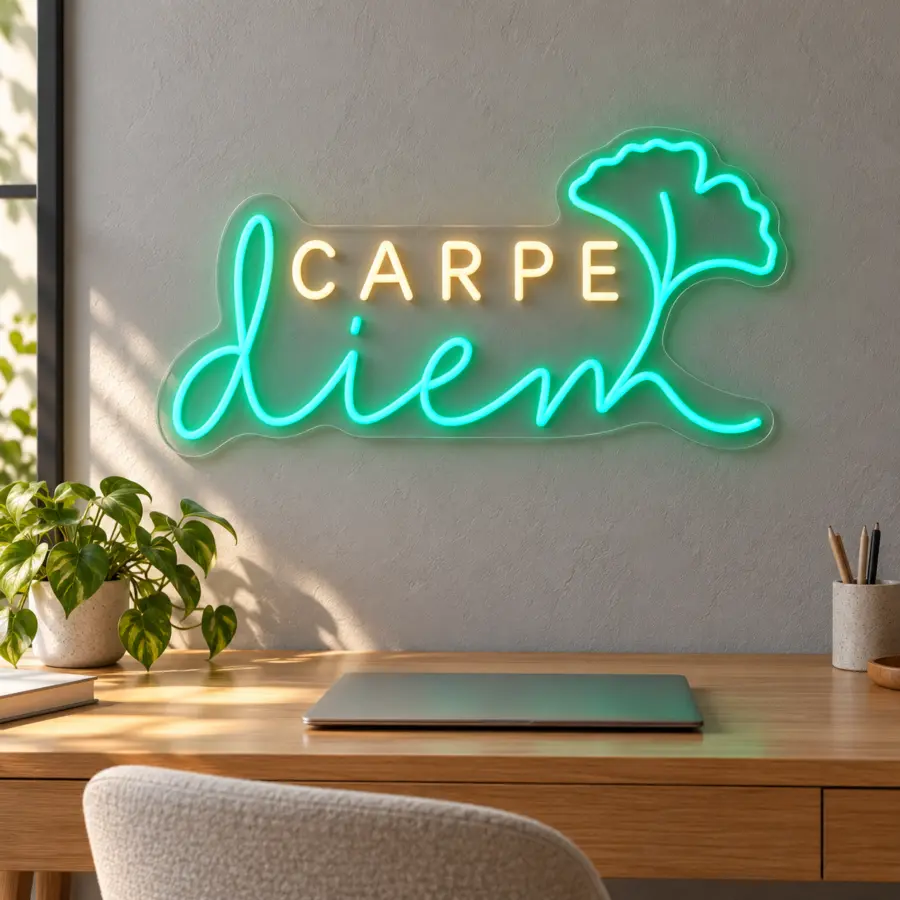 Simulación de Carpe Diem en neón LED en una oficina