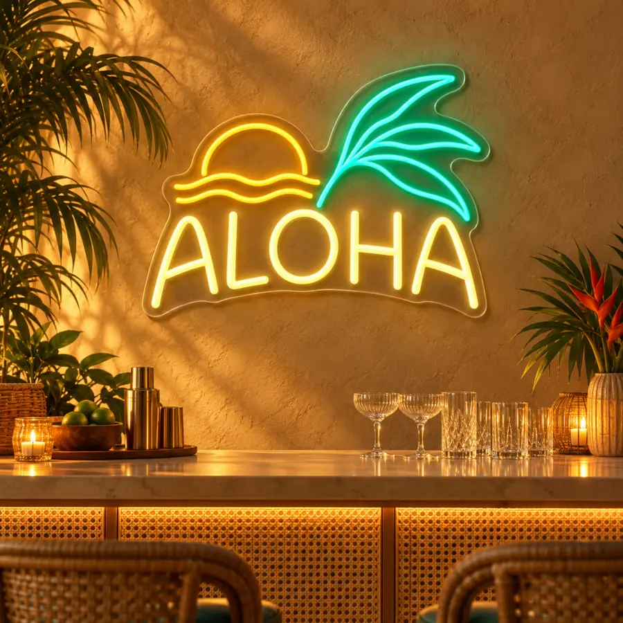 Simulación de Aloha en neón LED en un bar