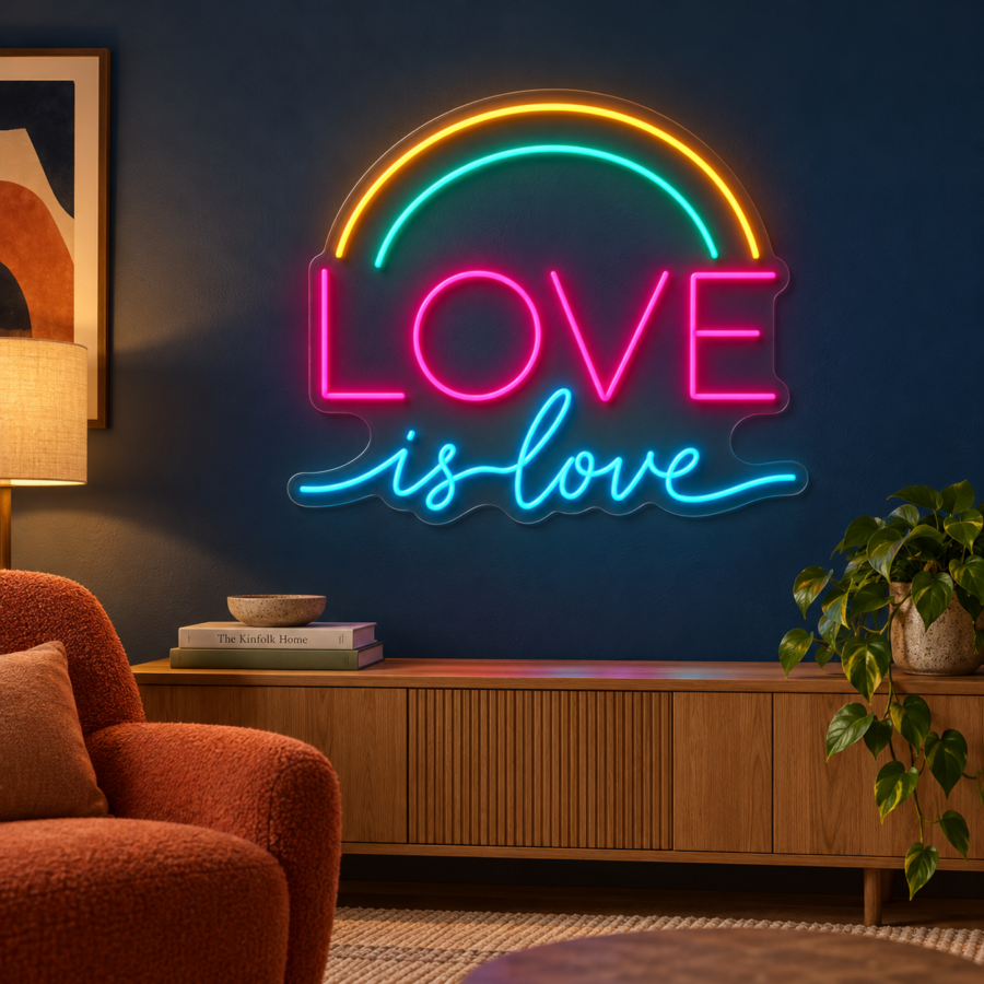 Simulación de Love is Love en neón LED en un estudio