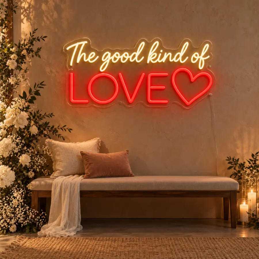 Montaje del letrero de neón LED «The good kind of love» en rincón fotográfico de boda, panel de yeso cálido, banco bajo blanco y flores blancas a un lado — visualización ambiental