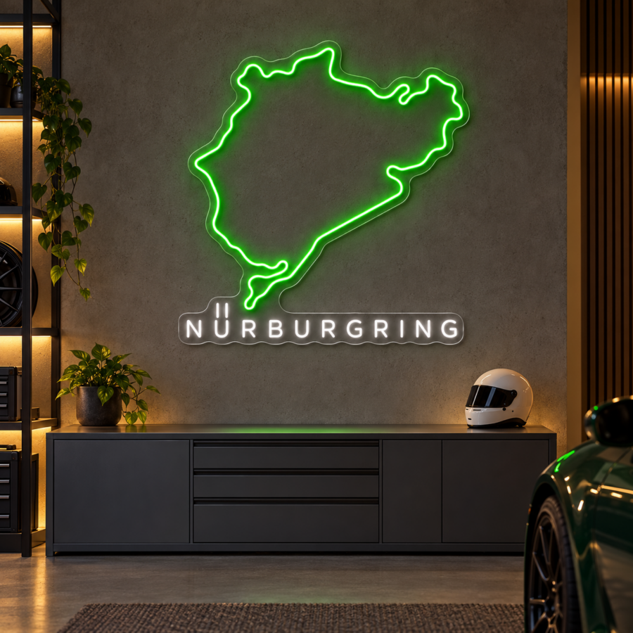 Simulación de Nürburgring en neón LED en un garaje