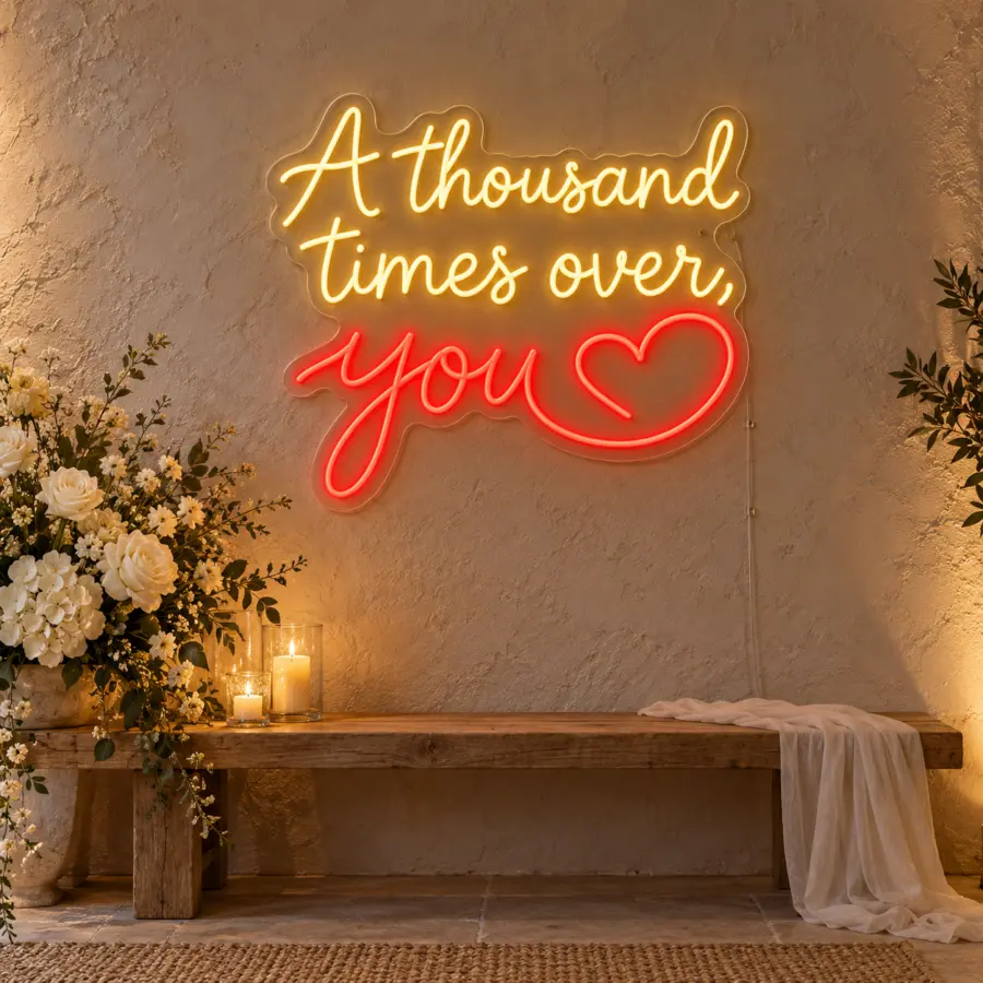 Montaje del rótulo LED neón «A thousand times over, you» en rincón de fotos de boda con pared de piedra clara y flores blancas