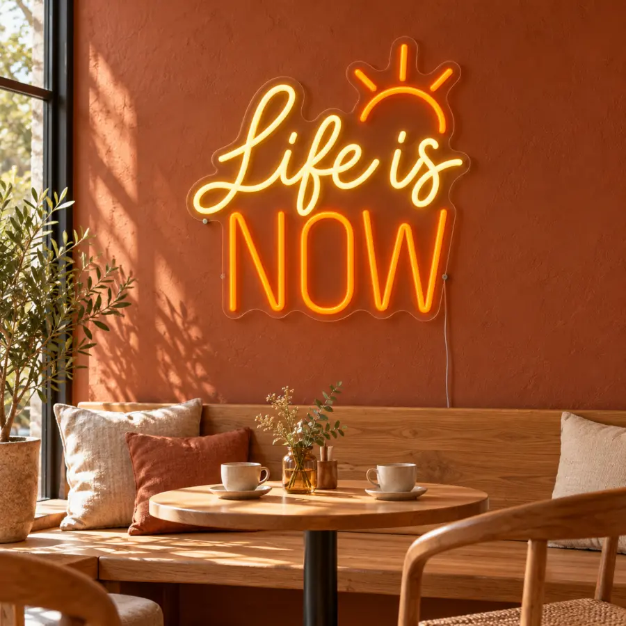 Montaje del cartel LED neón «Life is now» en combinación Blanco cálido / Naranja en un espacio tipo café con pared de terracota y banco de roble — visualización de ambiente