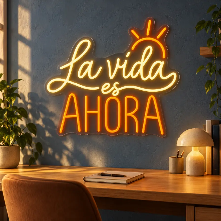 Simulación de La vida es ahora en neón LED en un estudio