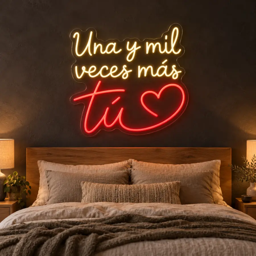 Simulación de Una y mil veces más… tú en neón LED en un dormitorio