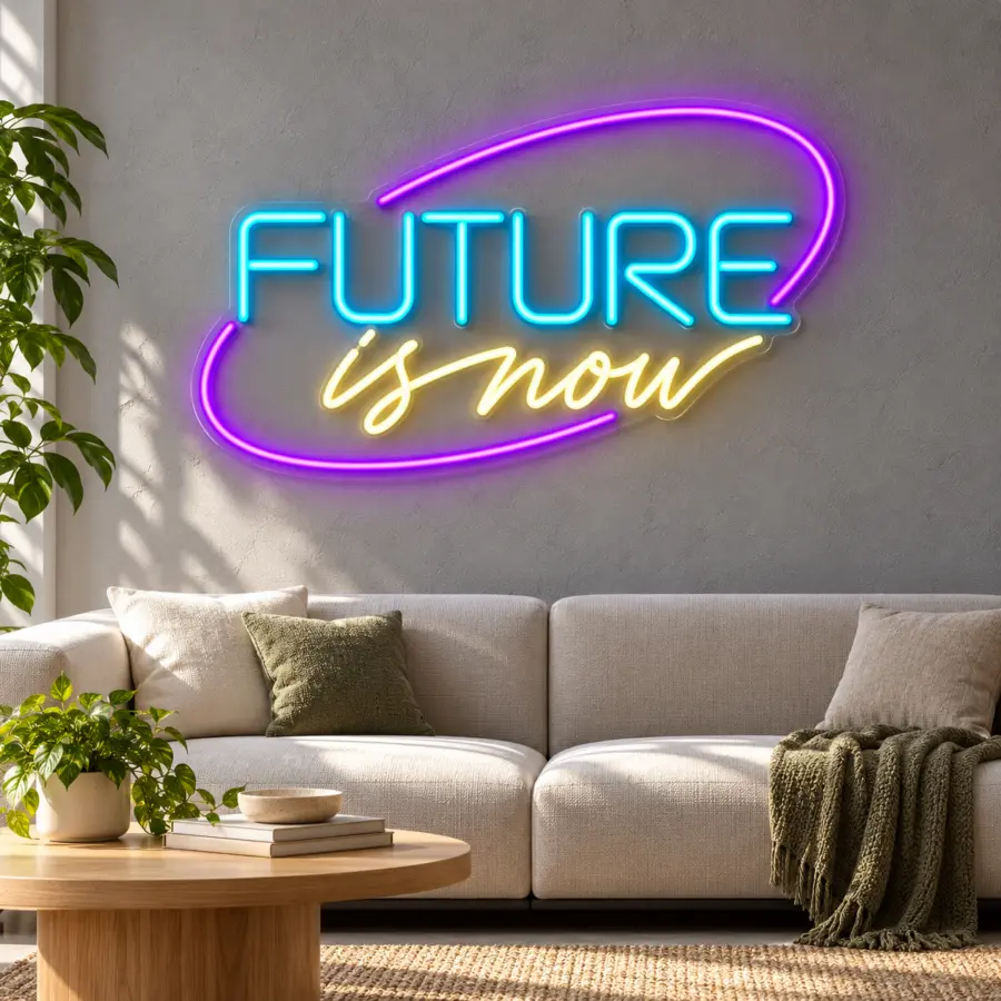 Simulación de Future Is Now en neón LED en un coworking