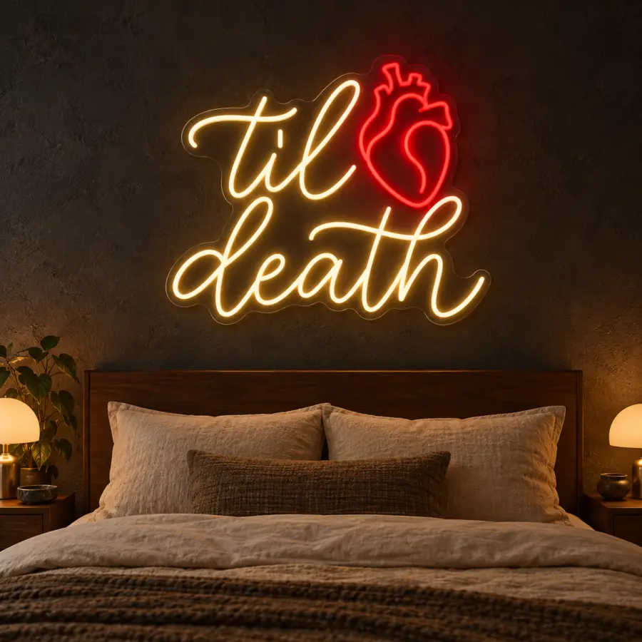 Simulación de Til Death en neón LED en un dormitorio