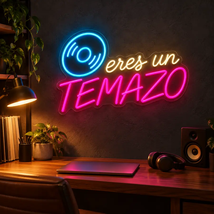 Simulación de Eres un temazo en neón LED en un estudio