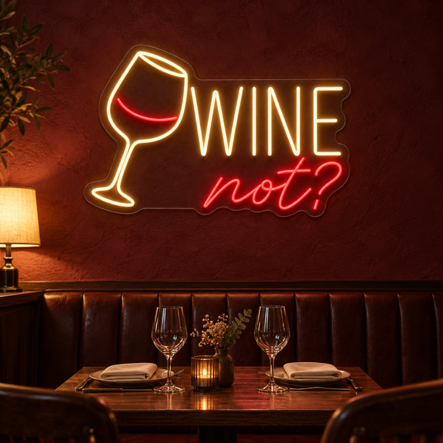 Simulación de Wine Not en neón LED en un restaurante