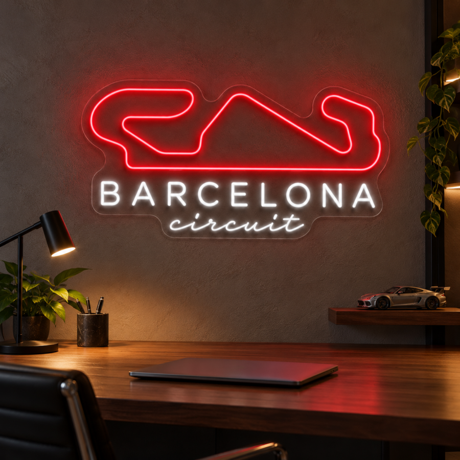 Simulación de Circuit Barcelona en neón LED en un despacho
