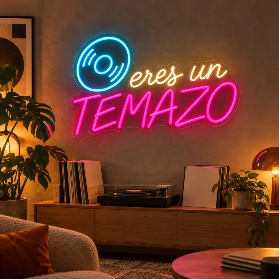 Simulación de Eres un temazo en neón LED en un salón