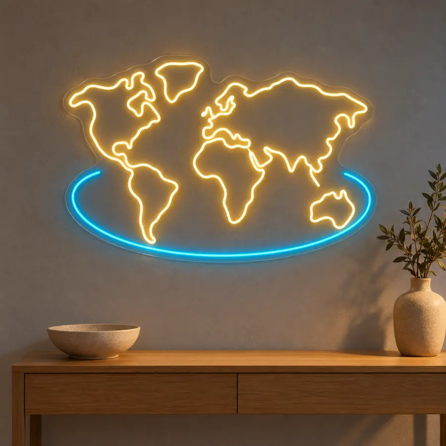Simulación de World Map en neón LED en un recibidor