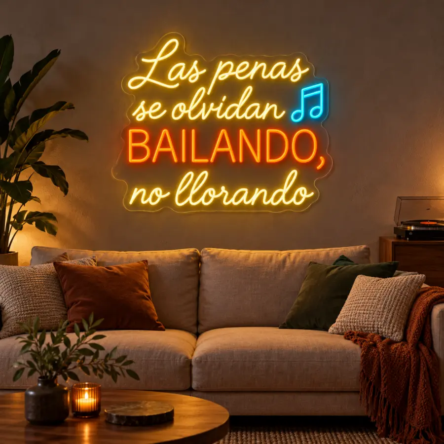 Simulación de Las penas se olvidan bailando en neón LED en un salón