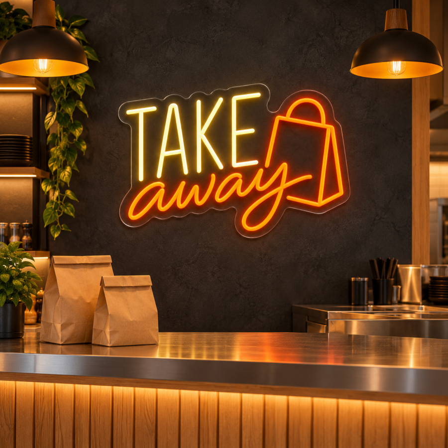 Simulación de Take Away en neón LED en un restaurante