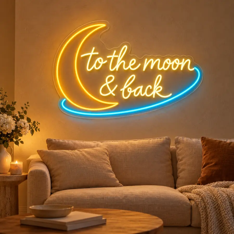 Simulación de To the Moon & Back en neón LED en una celebración