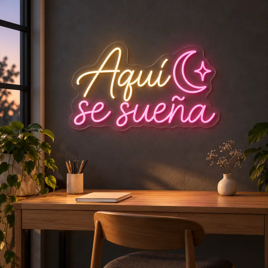 Simulación de Aquí se sueña en neón LED en un estudio