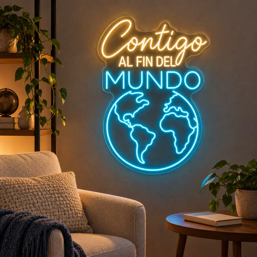 Simulación de Contigo al fin del mundo en neón LED en un salón