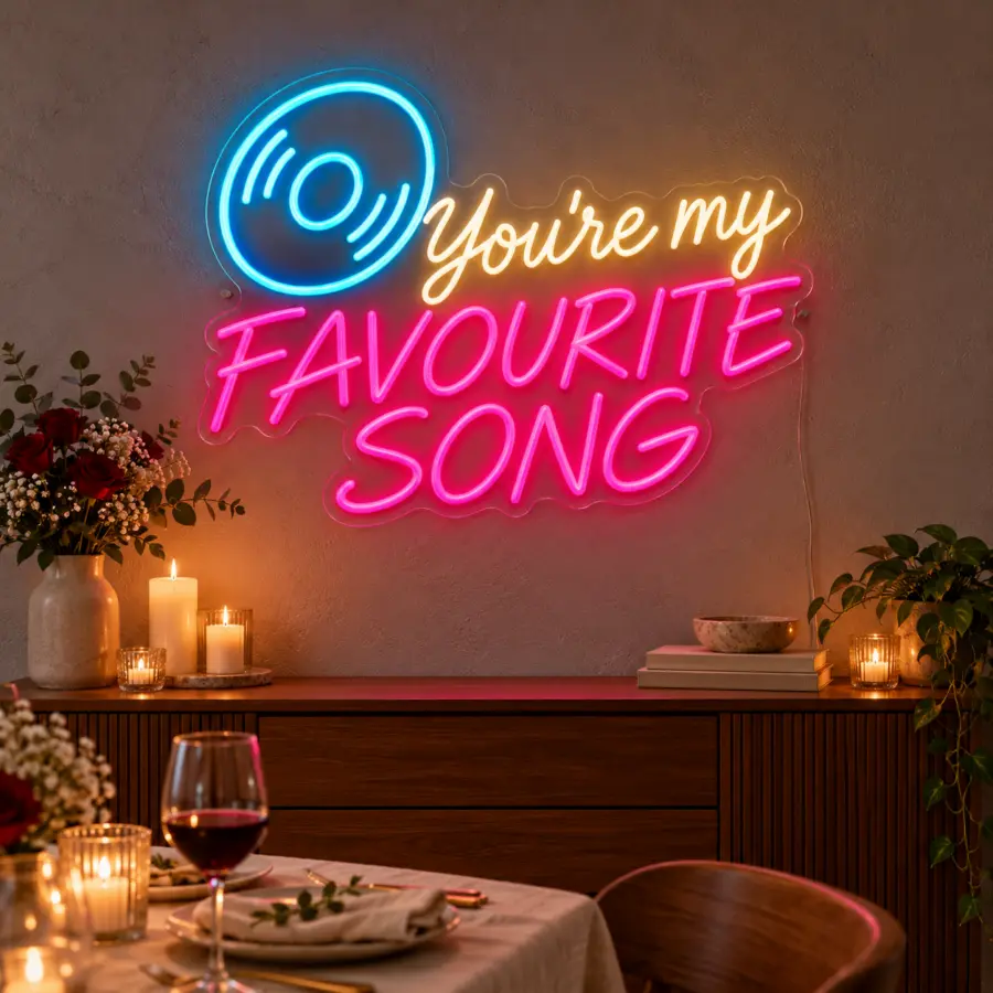 Montaje del cartel «You’re my favourite song» en combinación Blanco cálido / Rosa magenta / Azul hielo sobre aparador con velas y flores en un comedor de aniversario — visualización de ambiente