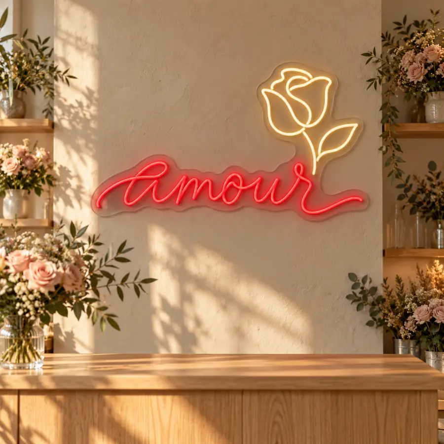 Simulación de Amour en neón LED en una floristería