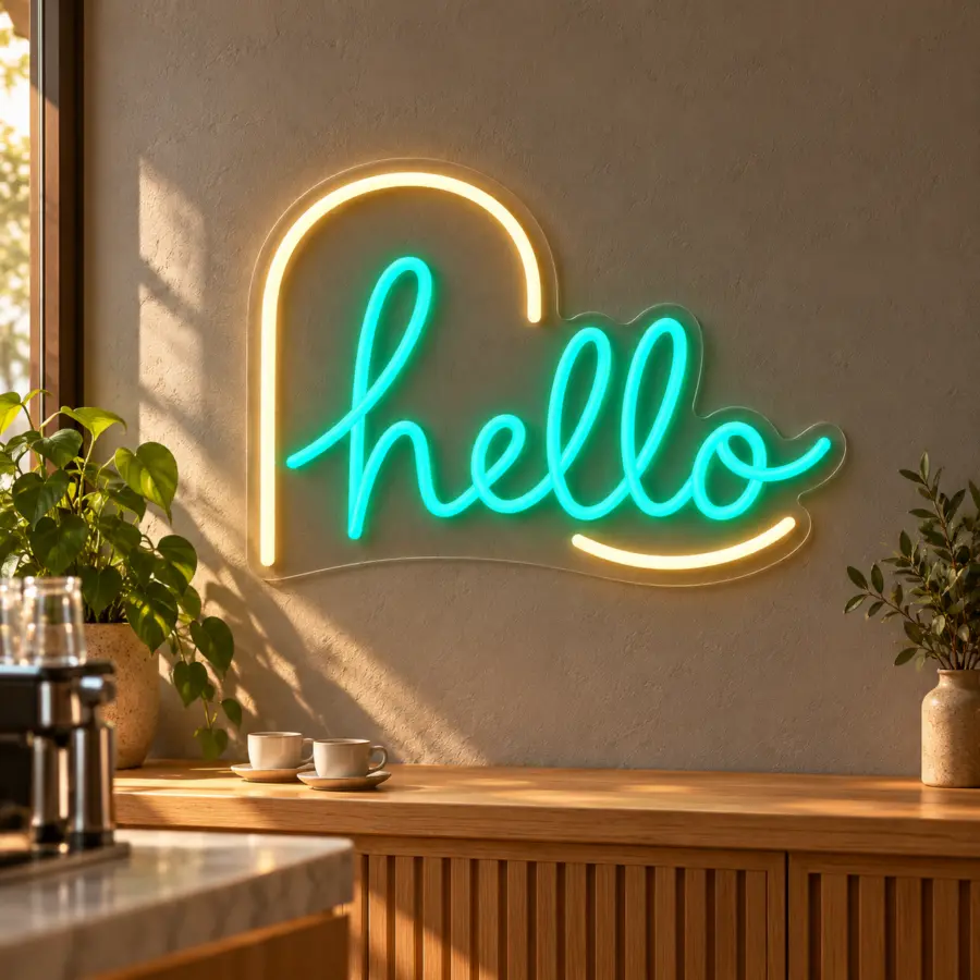 Simulación de Hello en neón LED en una cafetería