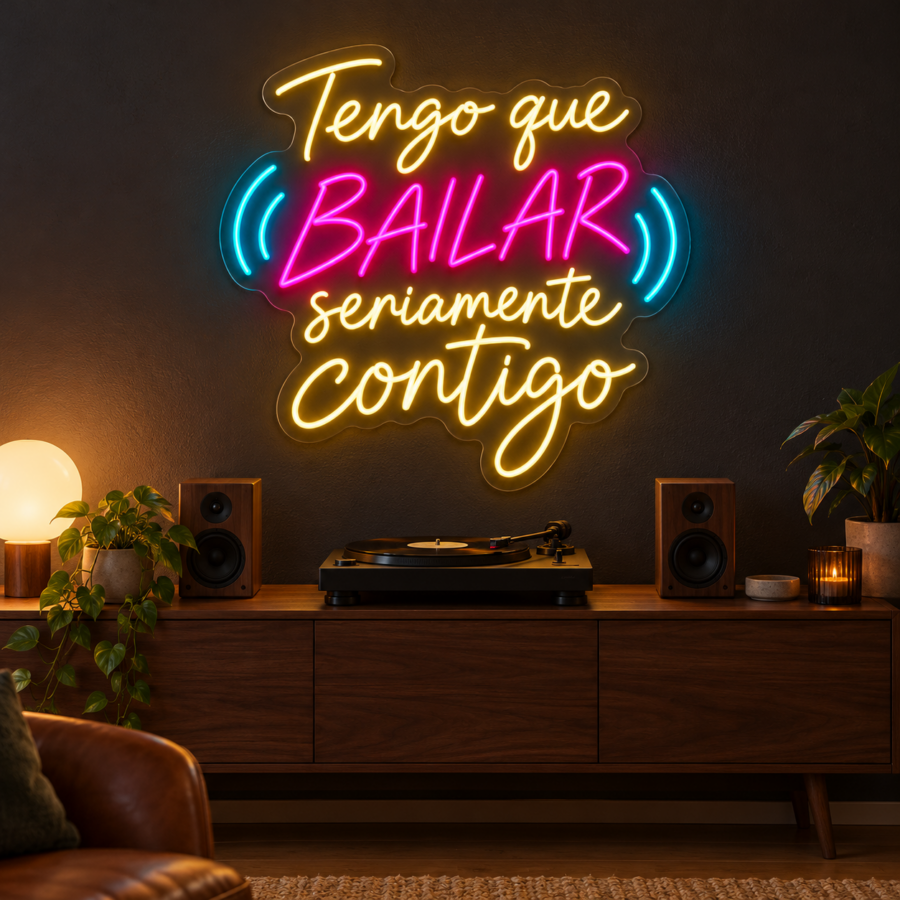 Simulación de Tengo que bailar seriamente contigo en neón LED en un espacio musical
