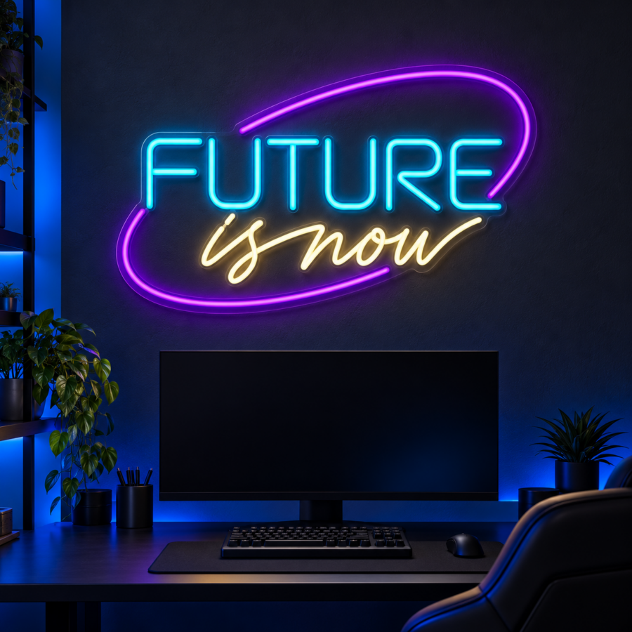 Simulación de Future Is Now en neón LED en un espacio gaming