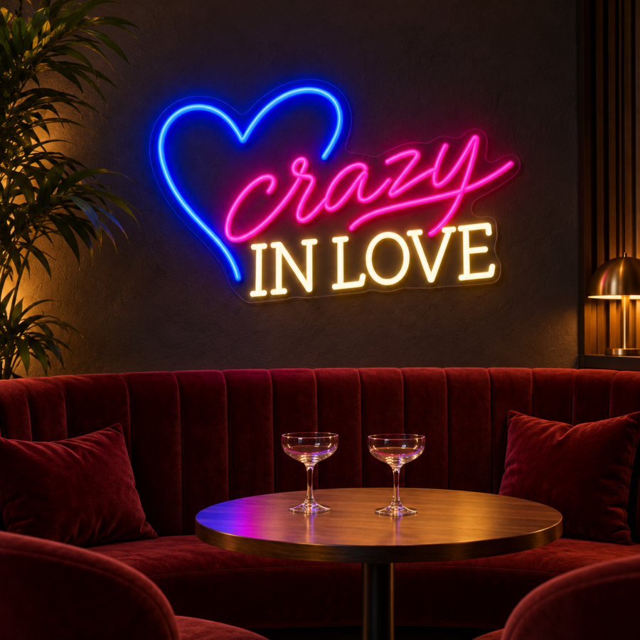 Simulación de Crazy in Love en neón LED en un bar