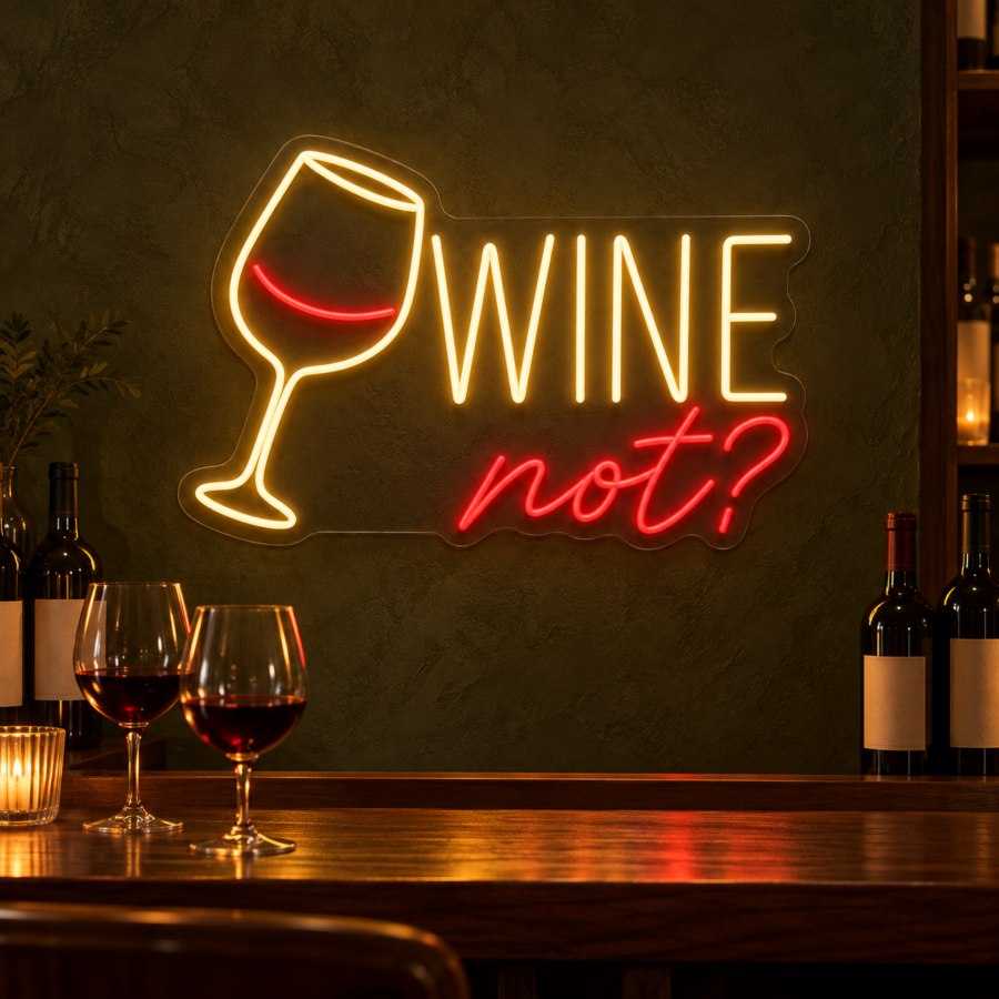 Simulación de Wine Not en neón LED en una vinoteca