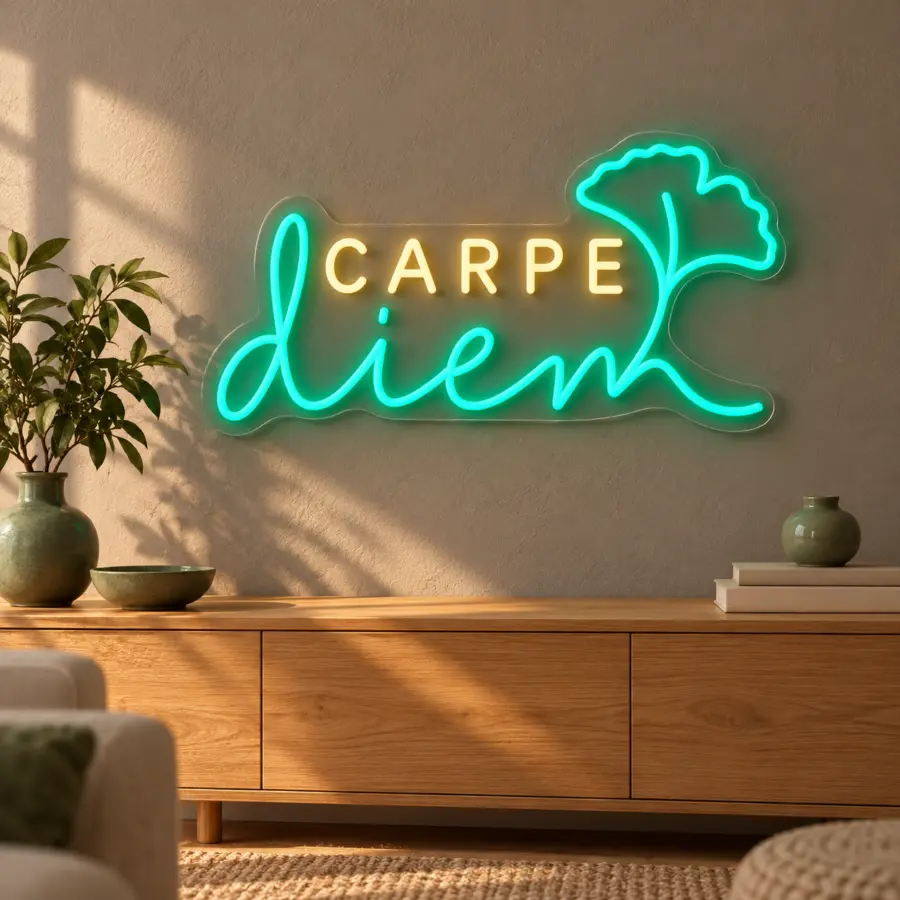 Simulación de Carpe Diem en neón LED en un salón