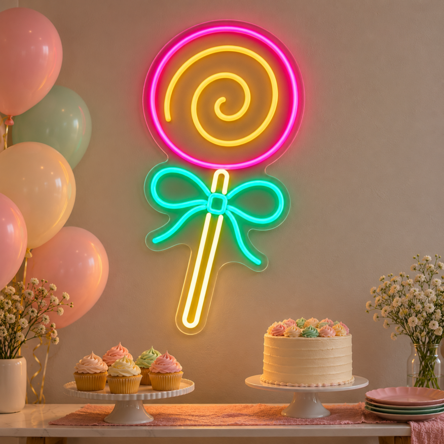 Simulación de Piruleta en neón LED en una fiesta