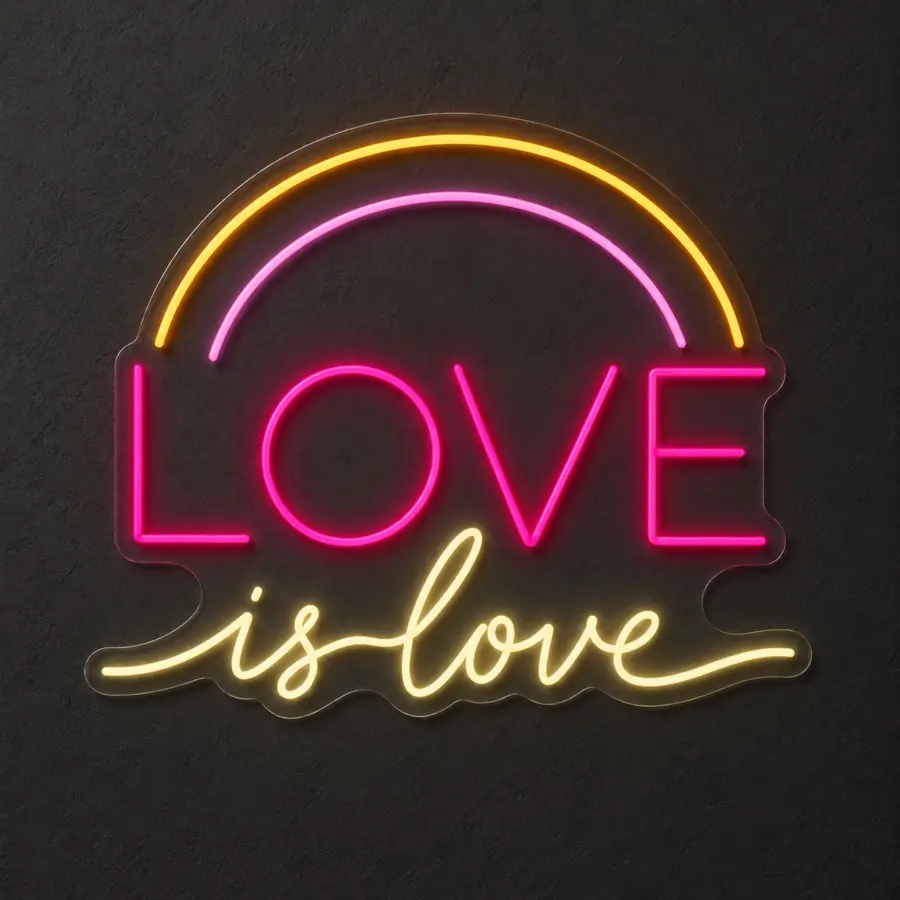 Love is Love en neón LED: Rosa Magenta, Blanco Cálido, Amarillo Dorado, Rosa Palo