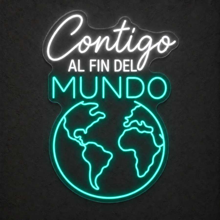 Contigo al fin del mundo en neón LED: Blanco Frío, Verde Agua
