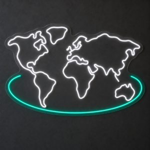 Neón LED World Map — Blanco frío y verde agua