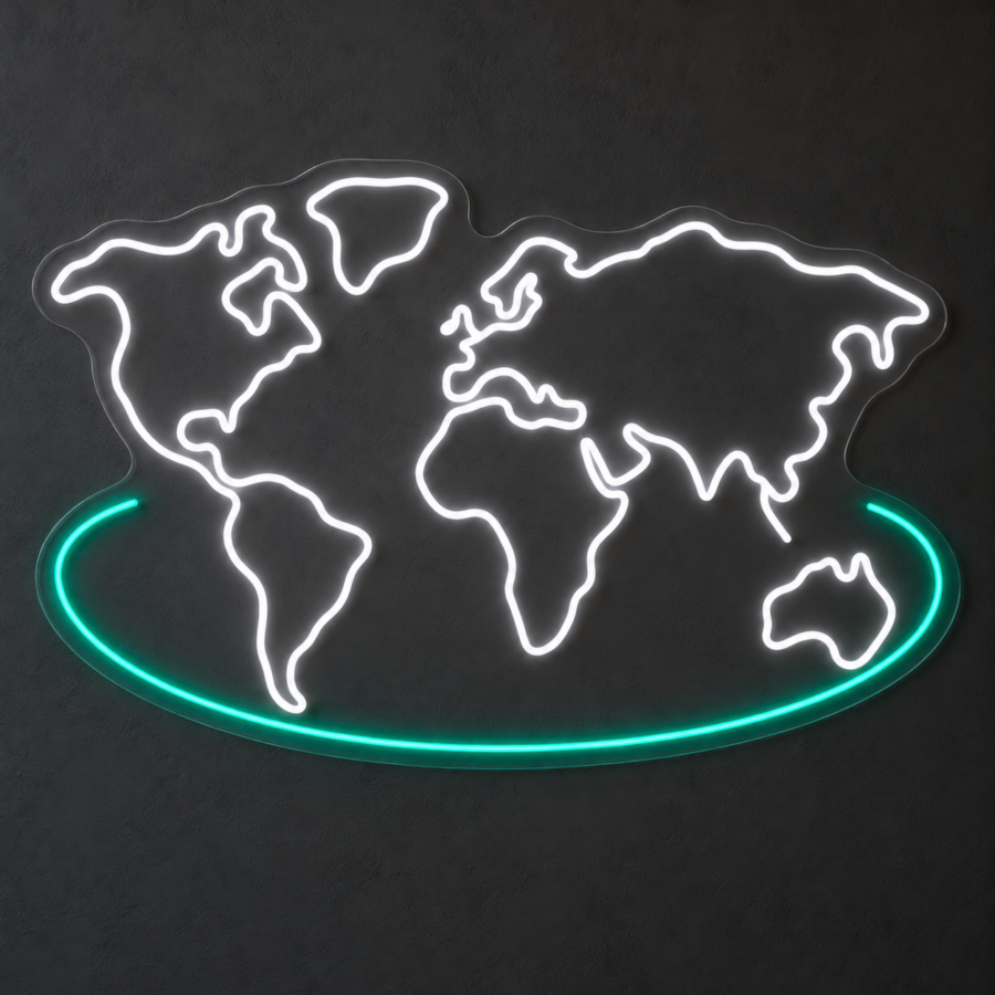World Map en neón LED: Blanco Frío, Verde Agua