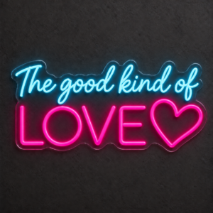 Letrero LED neón «The good kind of love» — Rosa magenta / Azul hielo
