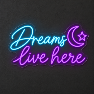 Dreams live here – Letrero LED de neón — Azul hielo / Violeta