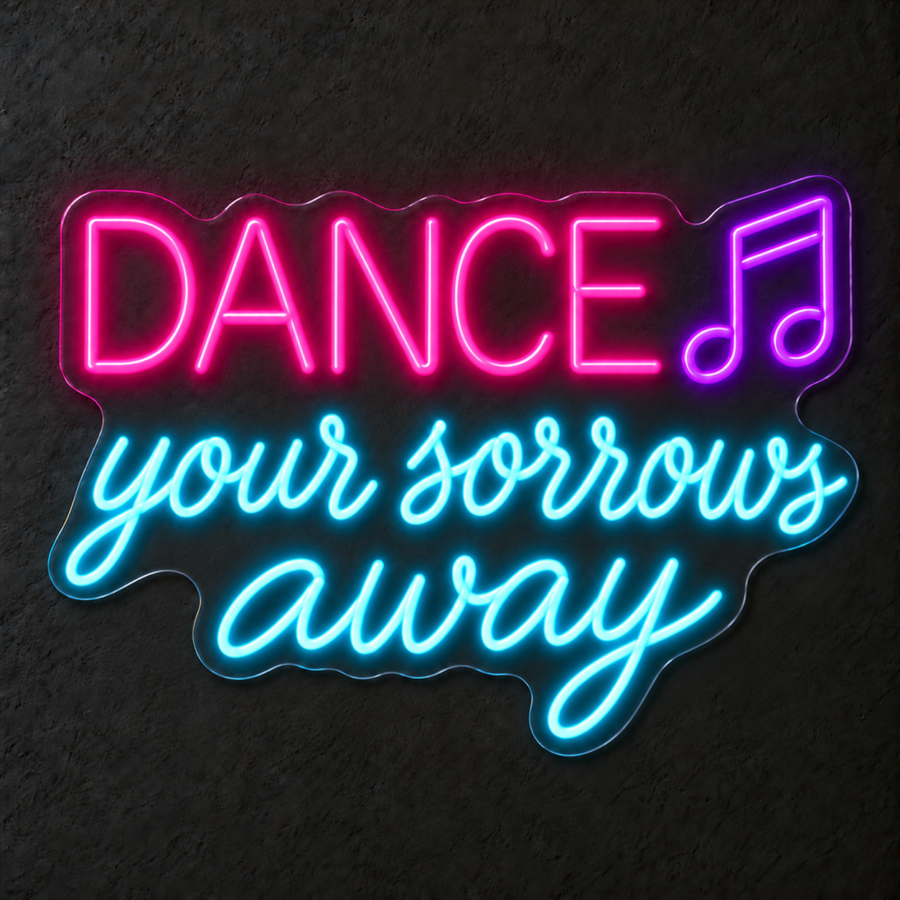 Visualización del neón LED «Dance your sorrows away» en Rosa magenta / Azul hielo / Violeta sobre pared neutra