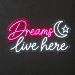 Dreams live here – Letrero LED de neón — Rosa magenta / Blanco frío