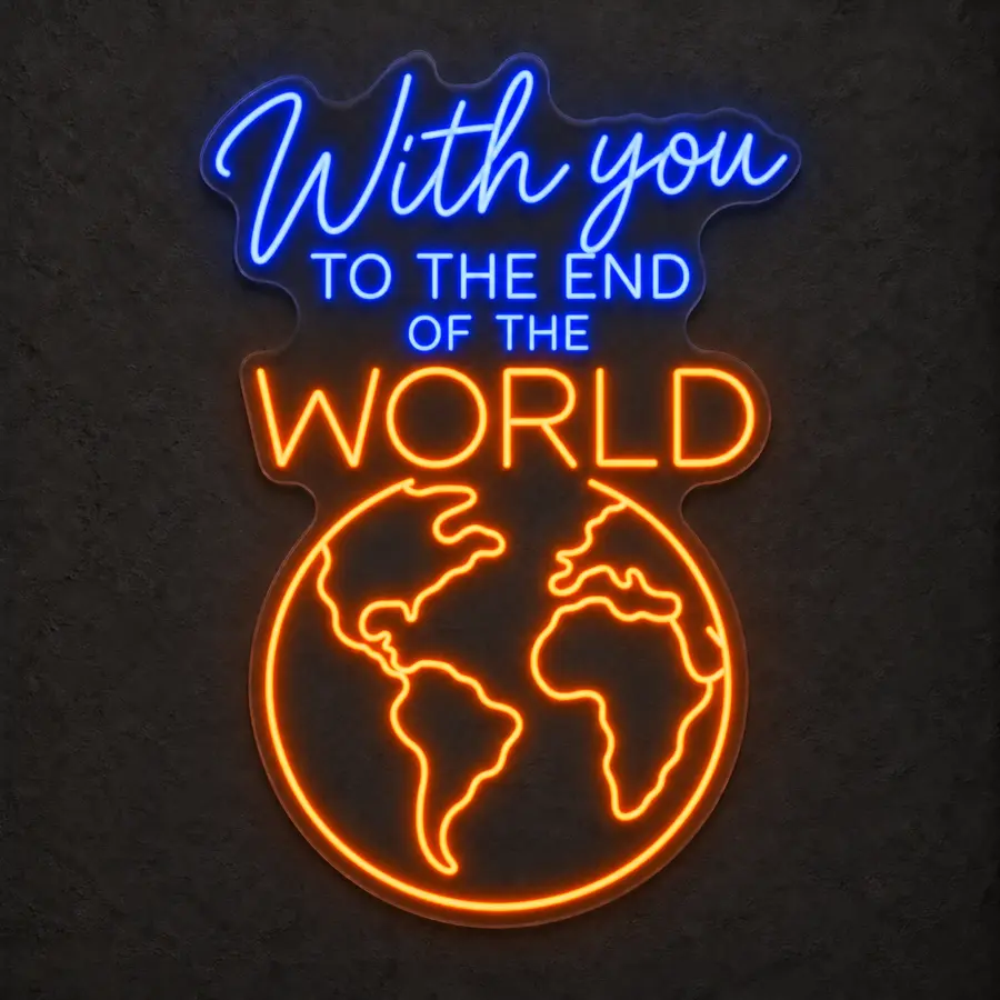 Visualización del neón LED «With you to the end of the world» en Azul eléctrico / Naranja sobre pared neutra