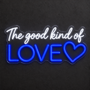 Letrero LED neón «The good kind of love» — Azul eléctrico / Blanco frío