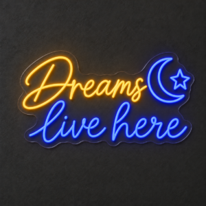 Dreams live here – Letrero LED de neón — Amarillo dorado / Azul eléctrico