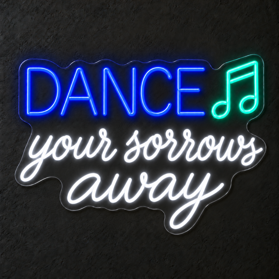 Visualización del neón LED «Dance your sorrows away» en Azul eléctrico / Blanco frío / Verde agua sobre pared neutra