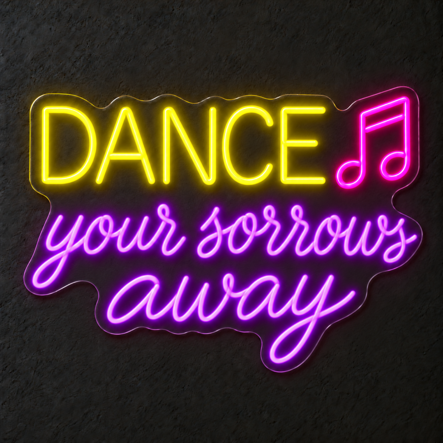Visualización del neón LED «Dance your sorrows away» en Amarillo limón / Violeta / Rosa magenta sobre pared neutra