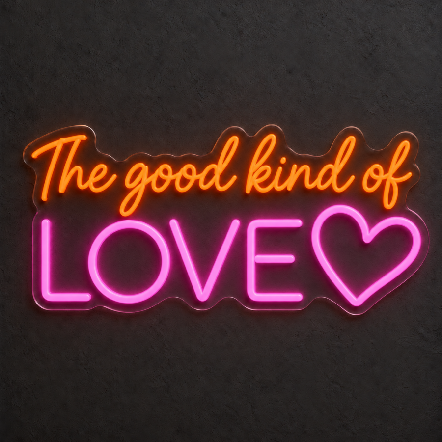Visualización del neón LED «The good kind of love» en Rosa palo / Naranja sobre pared neutra