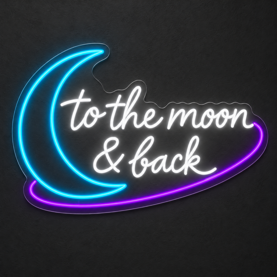 To the Moon & Back en neón LED: Blanco Frío, Azul Hielo, Violeta