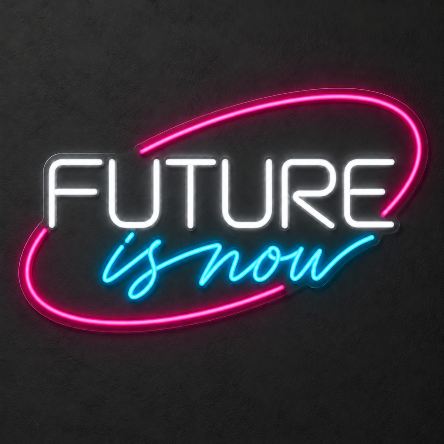 Future Is Now en neón LED: Blanco Frío, Azul Hielo, Rosa Magenta